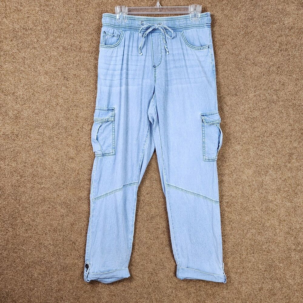 Happily Grey Woman Cargo Pants Small Drawstring Lightweight Blue Pockets Cuffed